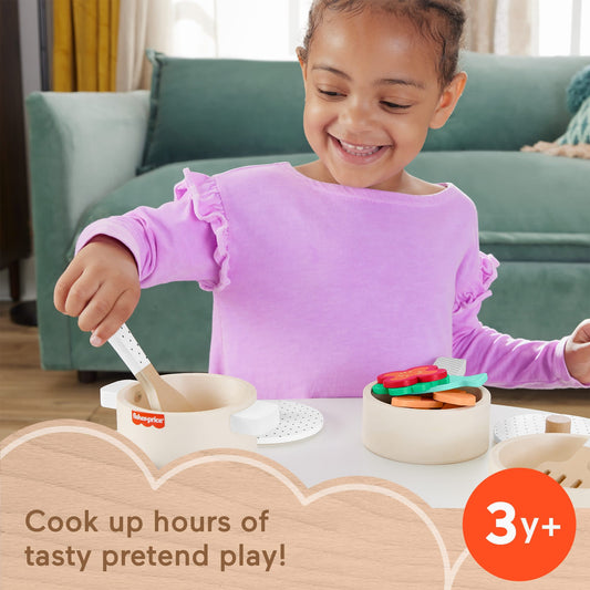 Fisher-Price Wooden Pots & Pans Set For Preschool Kitchen Pretend Play, 19 Wood Pieces