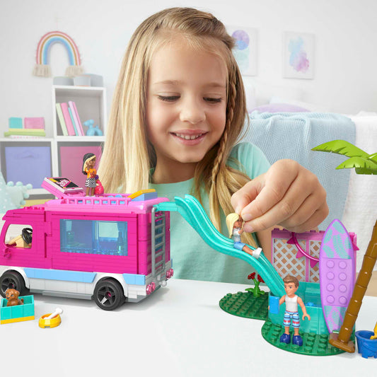 MEGA Barbie Dream Camper Adventure Building Kit Playset With 4 Micro-Dolls (580 Pieces)