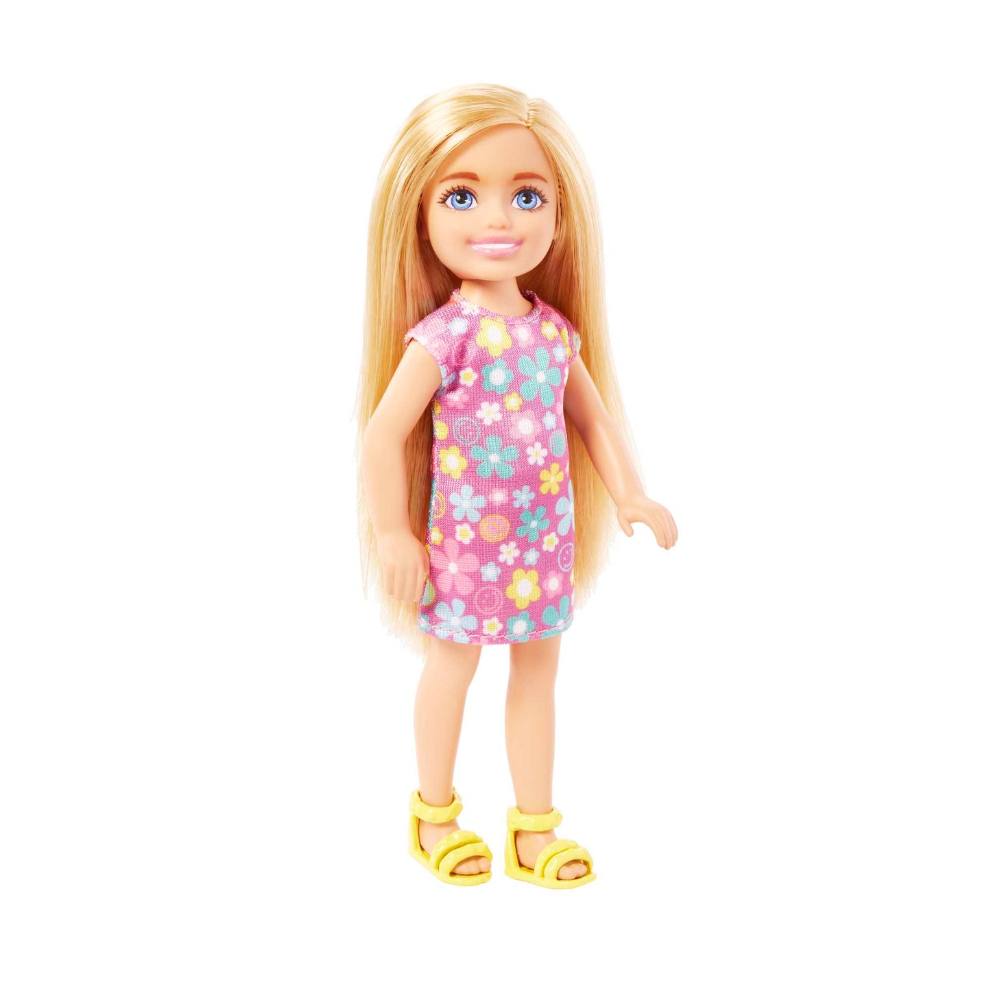 Barbie Chelsea Doll, Small Doll Wearing Purple Flowered Dress With Blond Hair & Blue Eyes