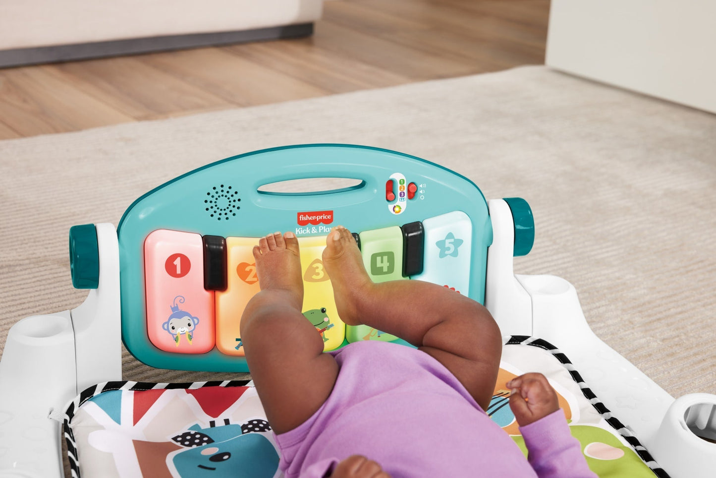 Fisher-Price Glow And Grow Kick & Play Piano Gym Baby Playmat With Musical Learning Toy, Blue - French Version